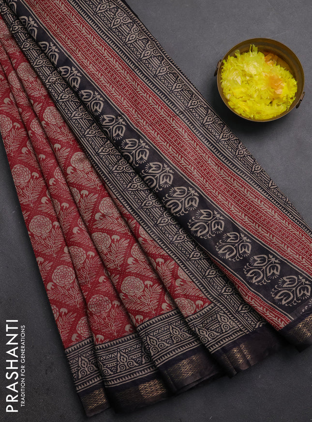 Semi maheshwari cotton saree maroon and jamun with allover floral prints and zari woven border