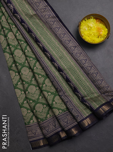 Semi maheshwari cotton saree green and navy blue with allover floral prints and zari woven border