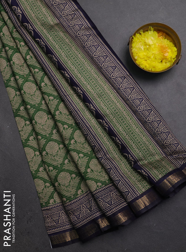 Semi maheshwari cotton saree green and navy blue with allover floral prints and zari woven border