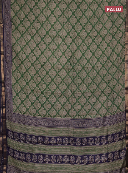 Semi maheshwari cotton saree green and navy blue with allover floral prints and zari woven border