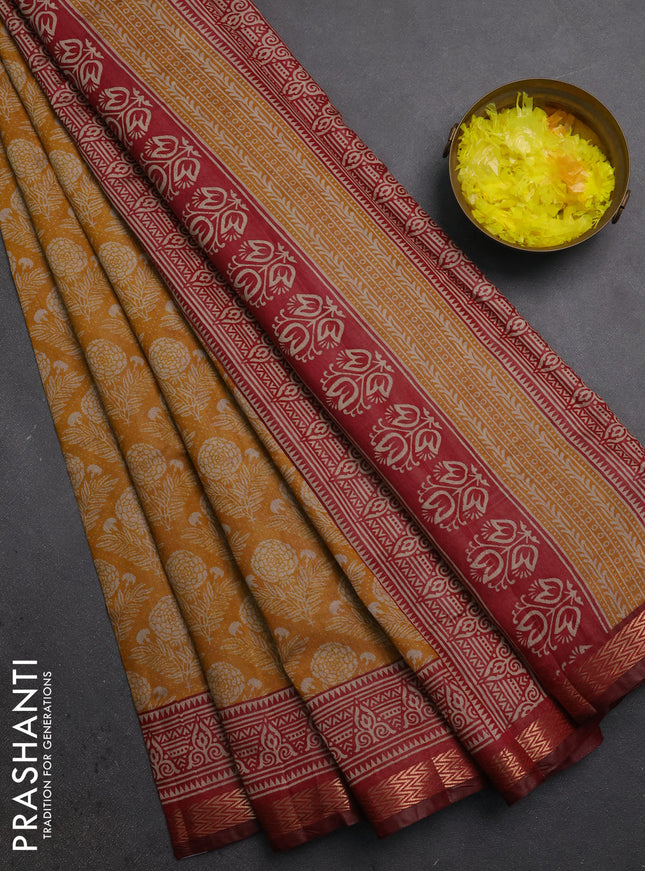 Semi maheshwari cotton saree mustard yellow and maroon with allover floral prints and zari woven border