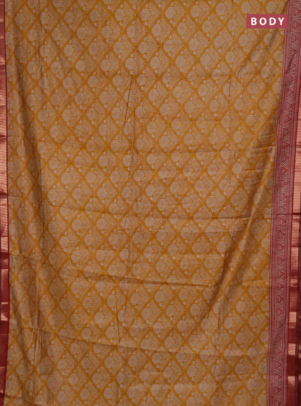 Semi maheshwari cotton saree mustard yellow and maroon with allover floral prints and zari woven border