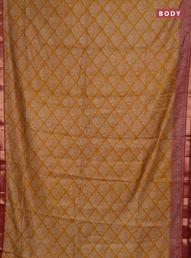 Semi maheshwari cotton saree mustard yellow and maroon with allover floral prints and zari woven border