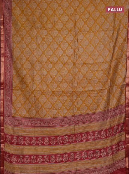 Semi maheshwari cotton saree mustard yellow and maroon with allover floral prints and zari woven border