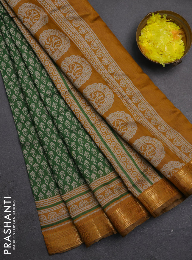 Semi maheshwari cotton saree green and mustard yellow with allover butta prints and zari woven border