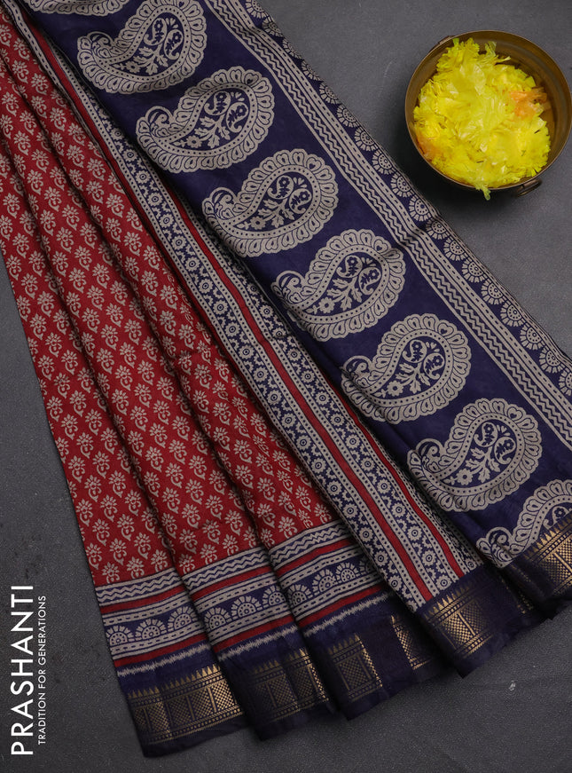 Semi maheshwari cotton saree maroon and navy blue with allover butta prints and zari woven border