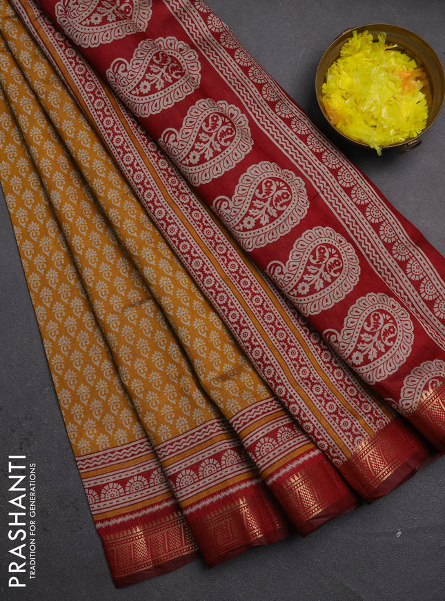 Semi maheshwari cotton saree mustard yellow and maroon with allover butta prints and zari woven border