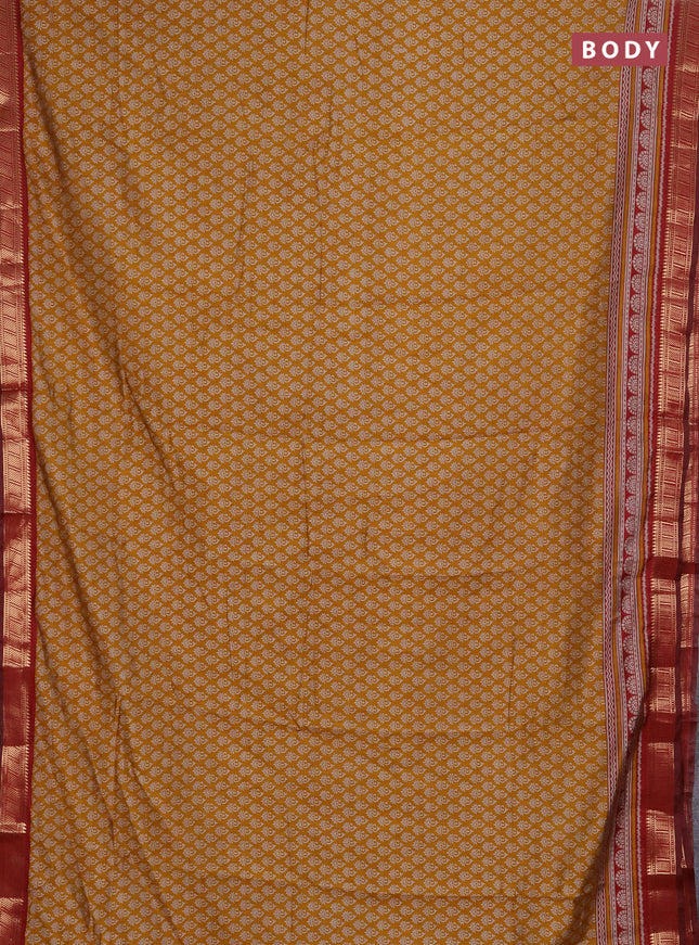 Semi maheshwari cotton saree mustard yellow and maroon with allover butta prints and zari woven border