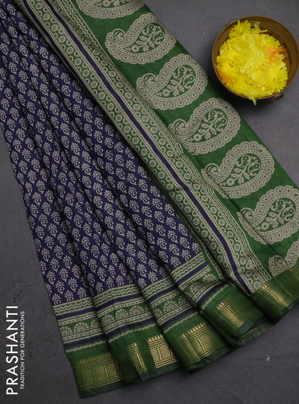 Semi maheshwari cotton saree navy blue and green with allover butta prints and zari woven border