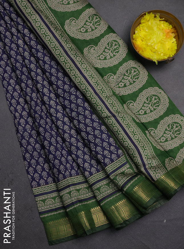 Semi maheshwari cotton saree navy blue and green with allover butta prints and zari woven border