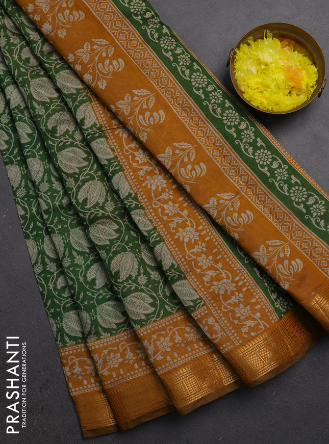 Semi maheshwari cotton saree green and mustard yellow with allover floral prints and zari woven border