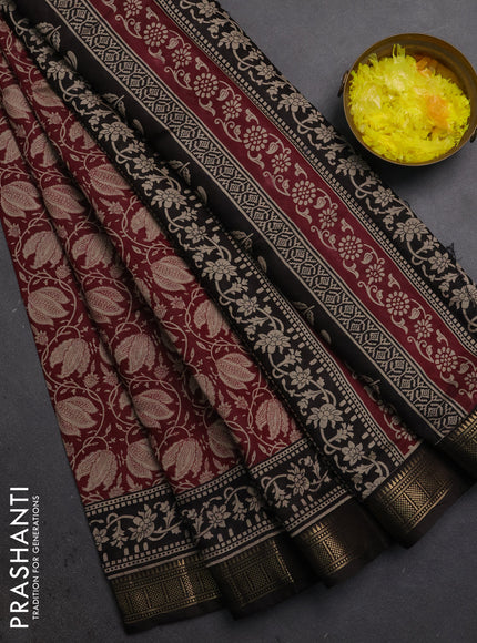 Semi maheshwari cotton saree wine and coffee brown with allover floral prints and zari woven border