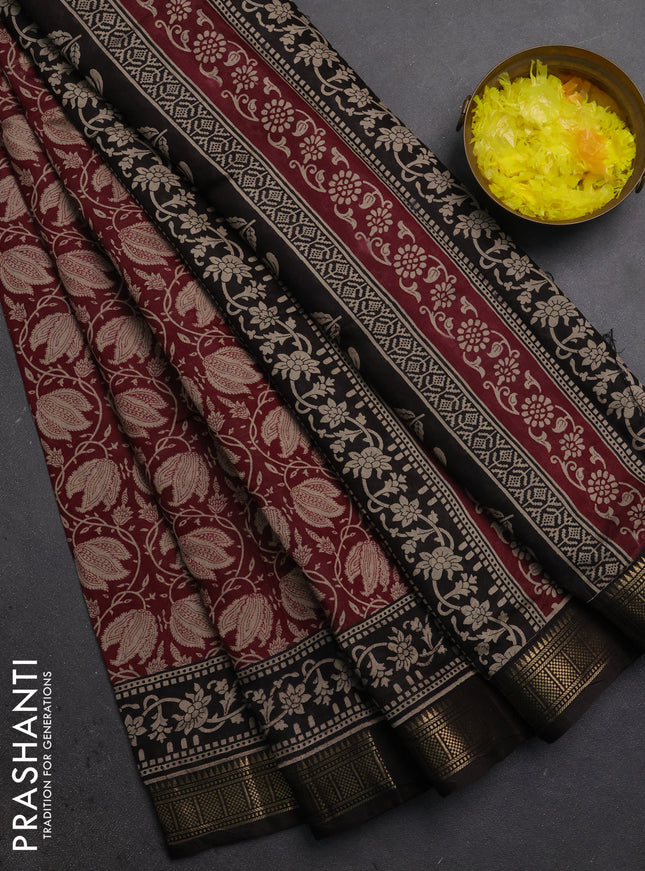 Semi maheshwari cotton saree wine and coffee brown with allover floral prints and zari woven border