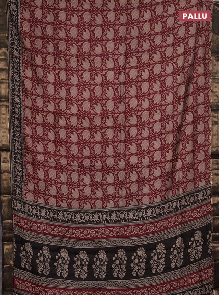 Semi maheshwari cotton saree wine and coffee brown with allover floral prints and zari woven border