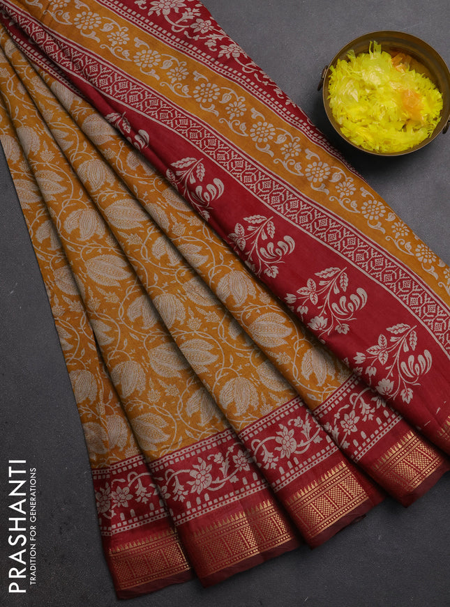 Semi maheshwari cotton saree mustard yellow and maroon with allover floral prints and zari woven border