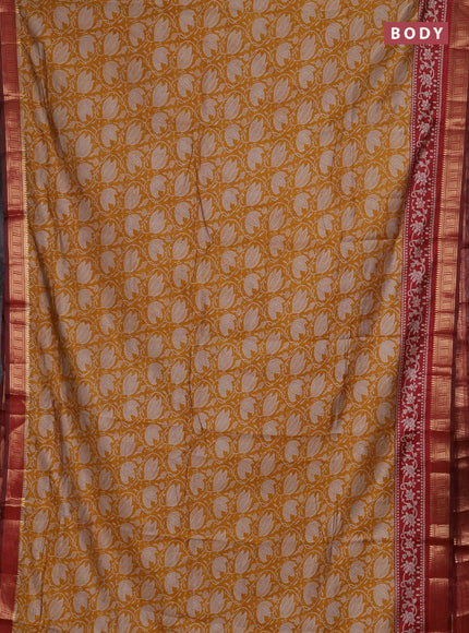 Semi maheshwari cotton saree mustard yellow and maroon with allover floral prints and zari woven border