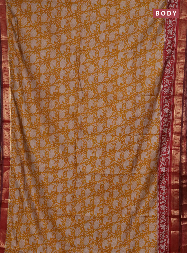 Semi maheshwari cotton saree mustard yellow and maroon with allover floral prints and zari woven border