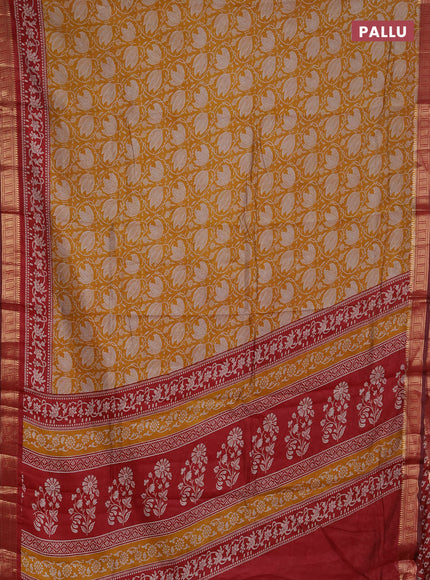 Semi maheshwari cotton saree mustard yellow and maroon with allover floral prints and zari woven border