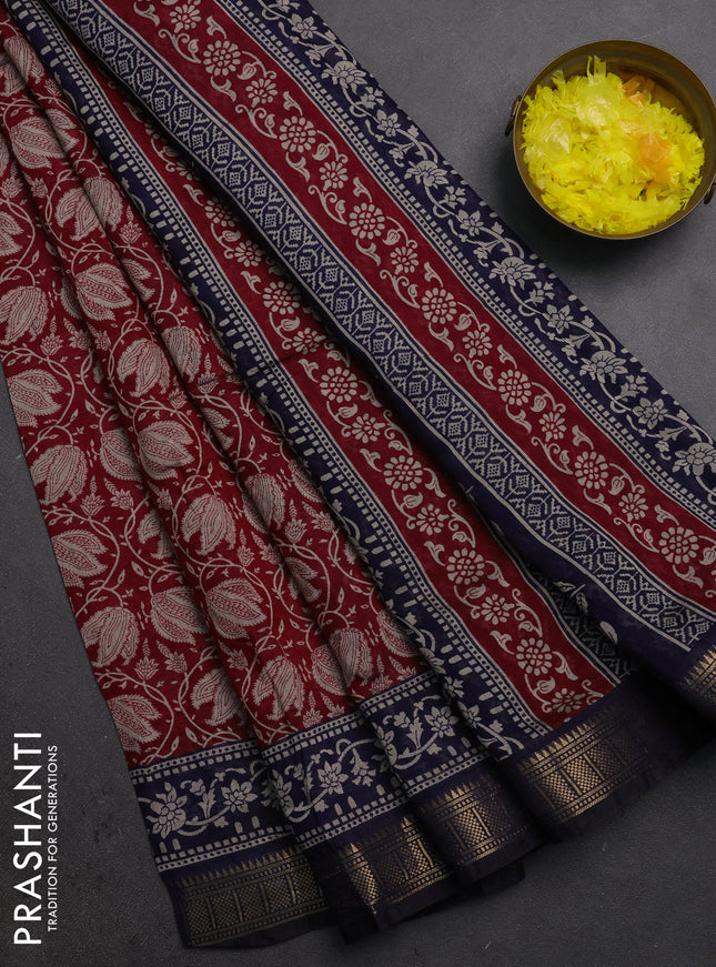 Semi maheshwari cotton saree maroon and navy blue with allover floral prints and zari woven border