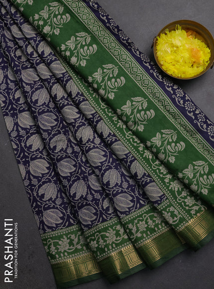 Semi maheshwari cotton saree navy blue and green with allover floral prints and zari woven border