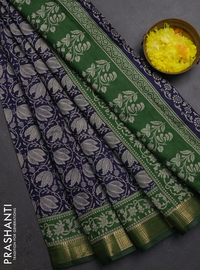 Semi maheshwari cotton saree navy blue and green with allover floral prints and zari woven border