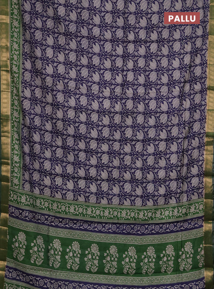 Semi maheshwari cotton saree navy blue and green with allover floral prints and zari woven border