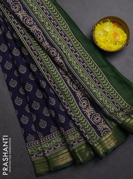 Semi maheshwari cotton saree navy blue and green with allover butta prints and zari woven border