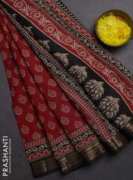 Semi maheshwari cotton saree maroon and coffee brown with allover butta prints and zari woven border