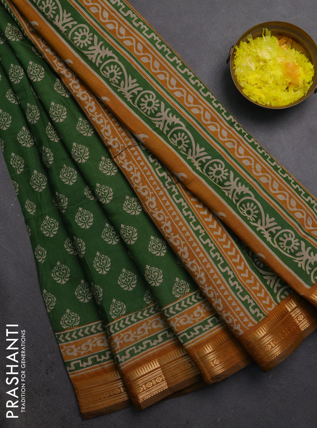 Semi maheshwari cotton saree green and mustard yellow with allover butta prints and zari woven border