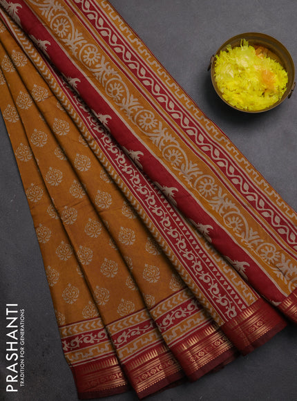 Semi maheshwari cotton saree mustard yellow and maroon with allover butta prints and zari woven border