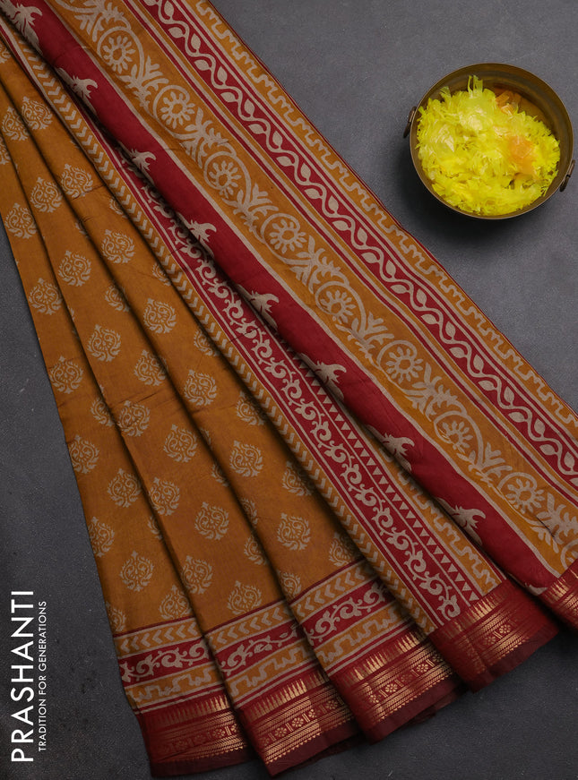 Semi maheshwari cotton saree mustard yellow and maroon with allover butta prints and zari woven border