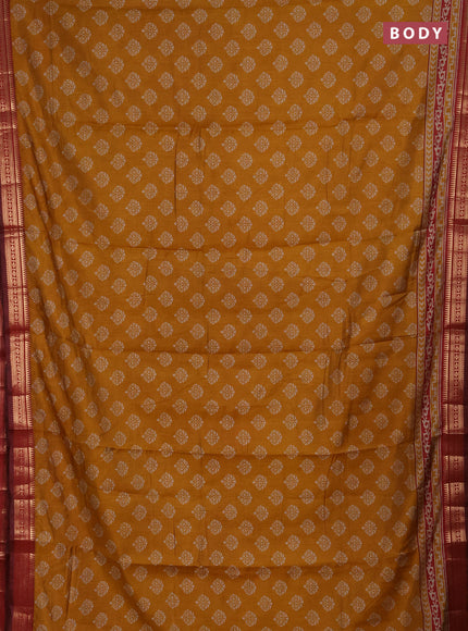 Semi maheshwari cotton saree mustard yellow and maroon with allover butta prints and zari woven border