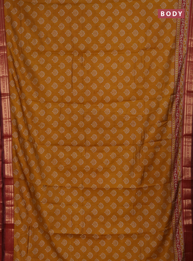 Semi maheshwari cotton saree mustard yellow and maroon with allover butta prints and zari woven border
