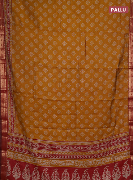 Semi maheshwari cotton saree mustard yellow and maroon with allover butta prints and zari woven border