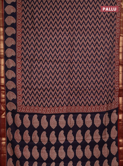 Semi maheshwari cotton saree deep violet and maroon with allover zigzag prints and butta printed zari woven border