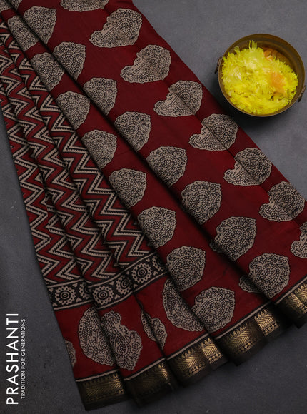 Semi maheshwari cotton saree maroon and coffee brown with allover zigzag prints and butta printed zari woven border