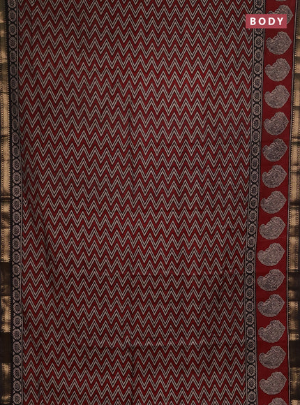 Semi maheshwari cotton saree maroon and coffee brown with allover zigzag prints and butta printed zari woven border