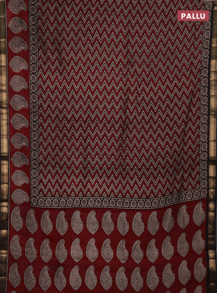 Semi maheshwari cotton saree maroon and coffee brown with allover zigzag prints and butta printed zari woven border