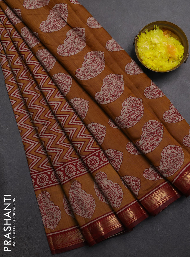 Semi maheshwari cotton saree mustard yellow and maroon with allover zigzag prints and butta printed zari woven border