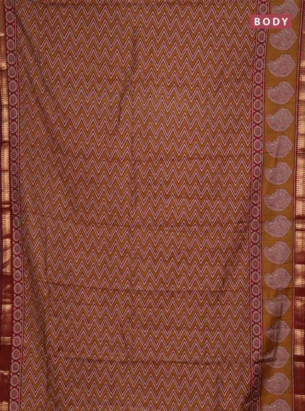 Semi maheshwari cotton saree mustard yellow and maroon with allover zigzag prints and butta printed zari woven border