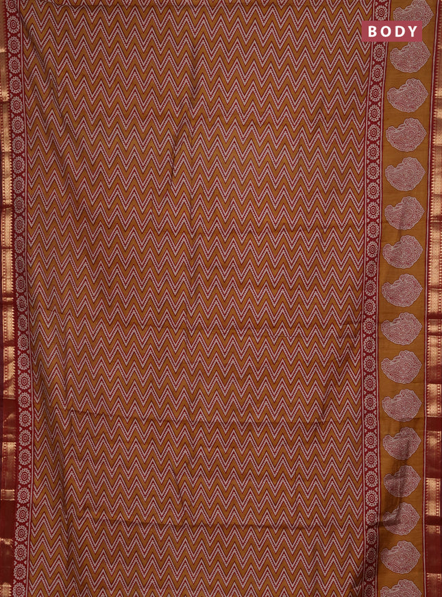Semi maheshwari cotton saree mustard yellow and maroon with allover zigzag prints and butta printed zari woven border