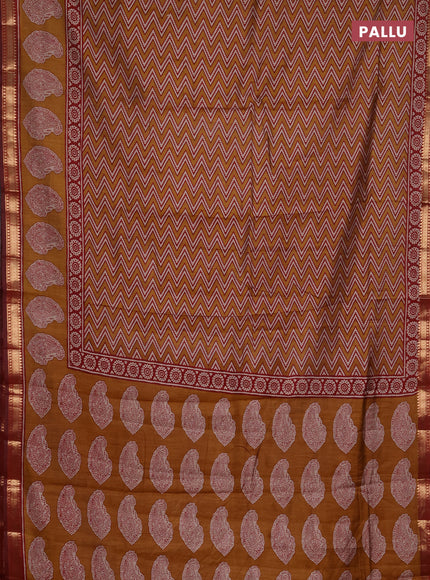 Semi maheshwari cotton saree mustard yellow and maroon with allover zigzag prints and butta printed zari woven border