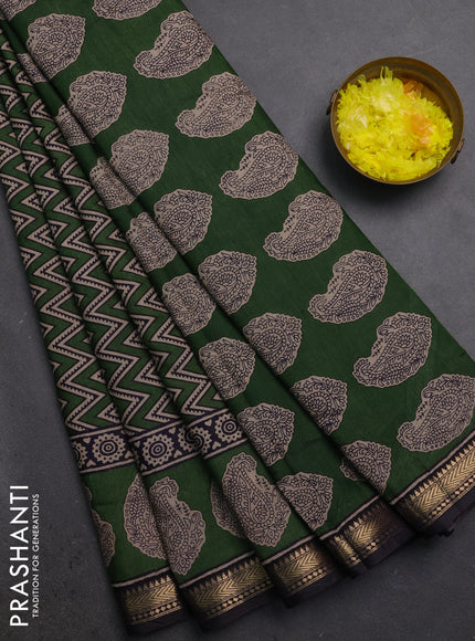 Semi maheshwari cotton saree green and jamun with allover zigzag prints and butta printed zari woven border