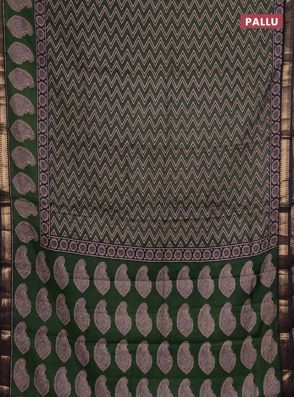 Semi maheshwari cotton saree green and jamun with allover zigzag prints and butta printed zari woven border