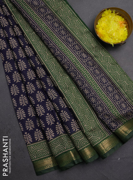Semi maheshwari cotton saree navy blue and green with allover butta prints and zari woven border