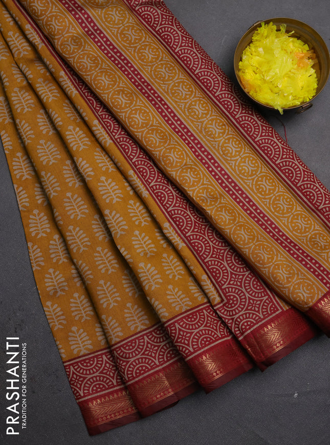 Semi maheshwari cotton saree mustard yellow and maroon with allover butta prints and zari woven border