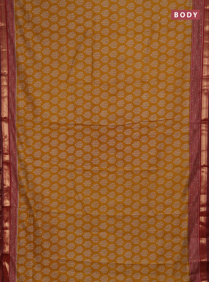 Semi maheshwari cotton saree mustard yellow and maroon with allover butta prints and zari woven border