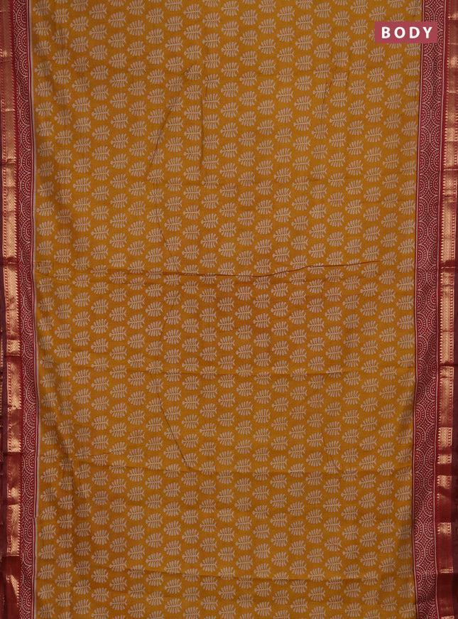 Semi maheshwari cotton saree mustard yellow and maroon with allover butta prints and zari woven border