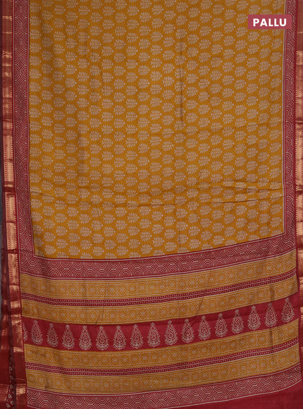 Semi maheshwari cotton saree mustard yellow and maroon with allover butta prints and zari woven border