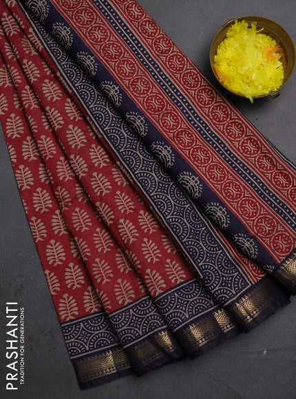 Semi maheshwari cotton saree maroon and navy blue with allover butta prints and zari woven border
